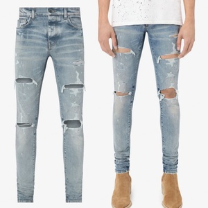 Jean en denim pour homme, coupe slim, délavé bleu, déchiré, taille mi-haute, doux et imperméable, de marque, haute qualité, style mode - Product Image 4
