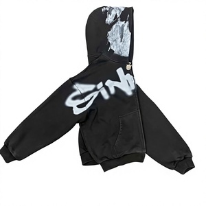 Custom Acid Washed Sun Faded Hoodie DTG Printing <b>Zip</b> up Hoodies Distress Oversized Cropped Fit Stone Washed Oversized Men Hoodie - Product Image 1
