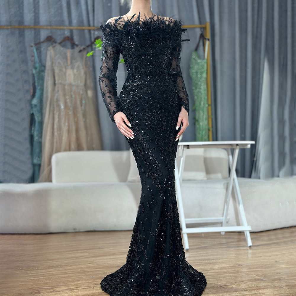 Black Fishtail Gowns - Floor-Length V-Neck Evening Dresses