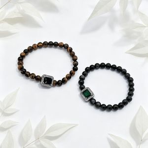 yunnique Tiger's Eye Silver Obsidian <b>Beaded</b> <b>Bracelet</b> Geometric Design For Men And Women Gift Jewelry - Product Image 2