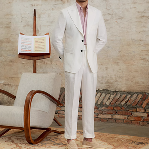 Completo Primaverile Estivo con Blazer e Pantaloni, Due Bottoni, Colore <span class=keywords><strong>Bianco</strong></span>, Motivo Occidentale, Alta Qualità, per Feste, Sposo, Matrimonio, Abiti Formali da Uomo - Product Image 1