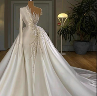 2024 Afrique Satin une manche 2 en 1 robes de sirène perle cristal pierres perlées queue de poisson robe de mariée avec train détachable