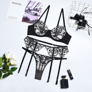 JN-Conjunto de lencería de 3 piezas para mujer, ropa interior de malla transparente con bordado floral - Product Image 6