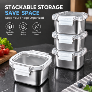 Boîte à lunch carrée en acier inoxydable 304, récipient bento hermétique, bol de stockage alimentaire anti-fuite avec couvercle à fermeture à pression - Product Image 3