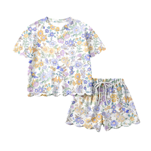 GSSO3274 CUSTOM Ensemble de vêtements pour petite fille active, imprimé fleurs violettes, vente en gros, ensemble à manches courtes pour enfant - Product Image 1