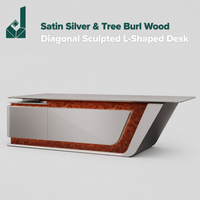 Bureau de direction en L sculpté en diagonale, en métal argenté satiné et placage de bois de ronce, avec rangement latéral pour bureau d'entreprise