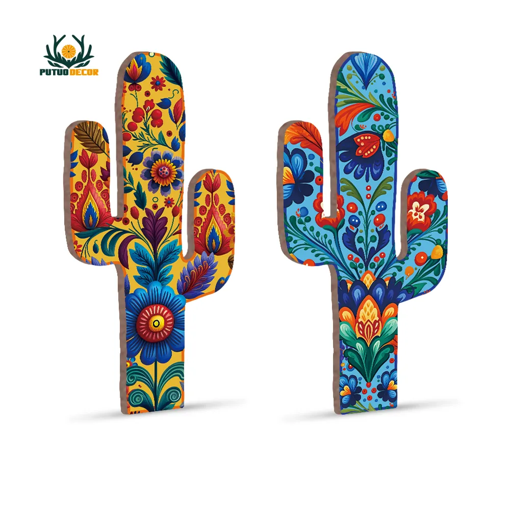 Putuo Decor Cactus Forma Antiguo Letrero de madera Arte Azulejos mexicanos Patrón Placa Decoración para el hogar Letrero de pared de madera