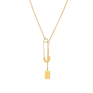 Gold Zinc Alloy Safety Pin Necklace With Square Tag Pendant Minimalist Design For Gift Fashion Jewelry - Product Image 5
