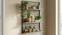 Étagères murales flottantes industrielles modernes à 3 niveaux en bois d'acacia et grille métallique noire pour plantes et pots de fleurs - Maison et Jardin