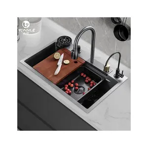 Aço inoxidável preto cozinha inteligente pia única tigela pia artesanal para fazenda cachoeira cozinha pia com display digital