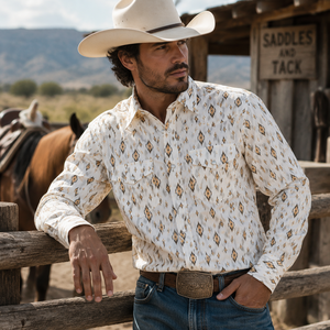 Chemise de cowboy à manches longues pour homme, imprimé géométrique, respirante, en popeline, style printemps - Product Image 1