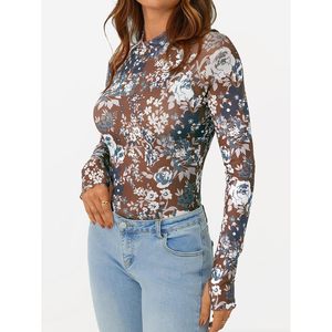 Automet 2025 printemps mode Satin soie sortir hauts pour femmes à manches longues maille florale col montant brodé Logo tailles XL & 4XL - Product Image 4