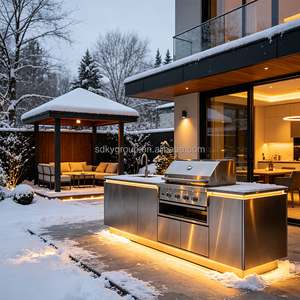 Cuisine extérieure modulaire moderne en acier inoxydable, étanche, préfabriquée, avec bar de jardin, réfrigérateur à boissons intégré et barbecue. - Product Image 2