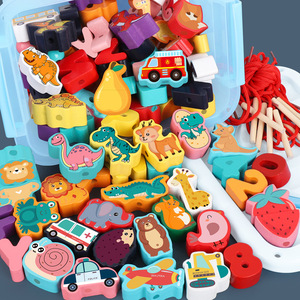 Bloc en bois Montessori pour enfants, jouets de dessin animé, enfilage de perles, bricolage, ficelle, pour bébés - Product Image 3