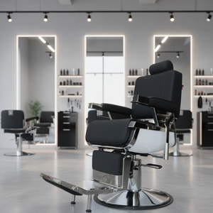 Fauteuil de Barbier Noir Intégral en Cuir Synthétique de Haute Qualité avec Roues pour Barbiers de Grande Taille 2026 - Product Image 1