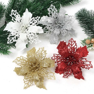 Flores Artificiales de Poinsettia con Brillo para Navidad, Decoraciones para el Hogar, Venta al por Mayor, Cabezas de Flores Artificiales de Baby Breath - Product Image 1