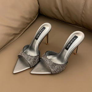 Sandalias de tacón con diamantes de imitación para mujer, estilo mule con punta en pico y tacón de aguja, sandalias deslizantes sexys para novias, fiestas de graduación y eventos nocturnos. - Product Image 1