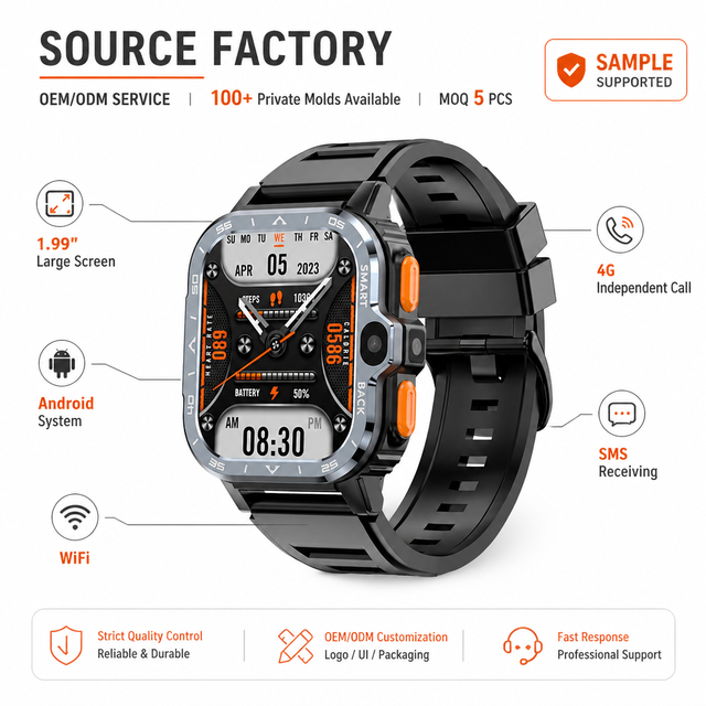 PGD 4G Android Smart Watch 2.03 Inch Display SIM Card Camera 800mAh Battery Video Call IP67 Waterproof Sleep Tracker Silica Gel