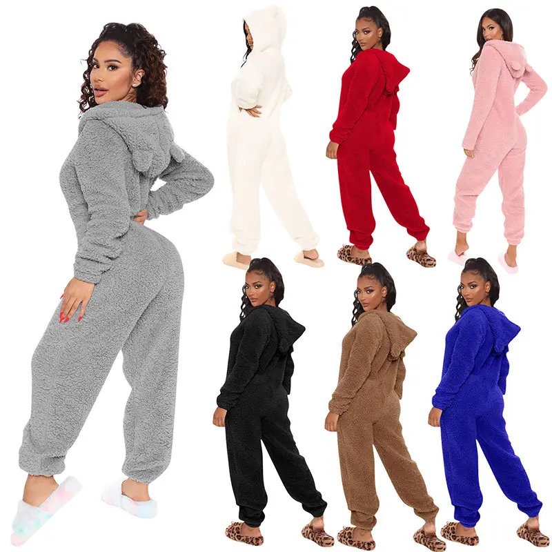 Commercio all'ingrosso Plus Size One Piece Winter Hooded Plush Warm Sleepwear Velvet Fuzzy tuta Sleepwear pigiama donna