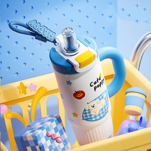 Gobelet isotherme vertical à motifs de dessins animés 800 ml, en acier inoxydable SUS304, avec couvercle en PP, paille, joint en silicone, grande poignée, tasse de voyage pour café, logo personnalisé - Product Image 4