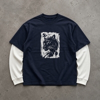 T-shirt pour homme en waffle double couche de qualité supérieure, coupe ample, manches longues, avec logo imprimé à l'écran