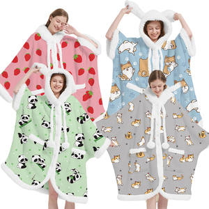 Poncho <span class=keywords><strong>d</strong></span>'intérieur en polaire pour filles <span class=keywords><strong>d</strong></span>'hiver, style dessin animé, avec grandes oreilles de lapin en fausse fourrure, pompons, capuche, <span class=keywords><strong>cape</strong></span>, haut, pyjama - Product Image 1