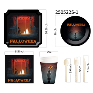 DAMAI Fournitures de fête d'Halloween : Assiettes et serviettes d'Halloween au design citrouille, chat noir et fantôme mignon, ambiance violet et noir - Product Image 5