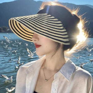 Striped Wide Brim Sun <b>Hat</b> for Women Foldable Flax Beach Sun Protection <b>Hat</b> <b>Summer</b> Outdoor Use Flower & Bowknot - Product Image 1