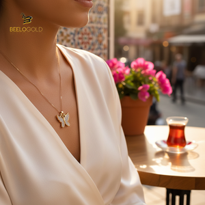 สร้อยคอผีเสื้อสีโรสโกลด์14K จี้รูปสัตว์น่ารักเครื่องประดับชั้นดีสำหรับผู้หญิงทำด้วยมือในตุรกี - Product Image 3