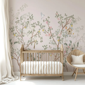 Murale Calmante per Cameretta in Stile Pastello, Foresta Acquerellata con Uccelli e Gru, Decorazione Murale per Camere dei Bambini e Sale Giochi, Facile da Installare - Product Image 2