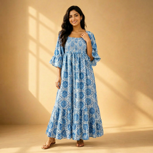 Vestido Maxi de Algodón con Estampado a Mano de Jaipur, India, Vestido Largo Floral Tradicional Hecho a Mano, Prenda de Verano Transpirable Hecha por Artesanos - Product Image 1