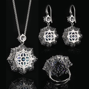 Fashion Eco-friendly Copper Bridal Jewelry Set Wholesale 14-10mm Blue Zircon Rose Cut Simple Round Pendant <b>Earrings</b> Rings Set - Product Image 3