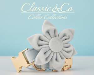 Juego de correa de collar de perro personalizado Lightblue Veet con flor y pajarita para mascota macho hembra, etiqueta de nombre grabada en oro, cachorro de boda - Product Image 3