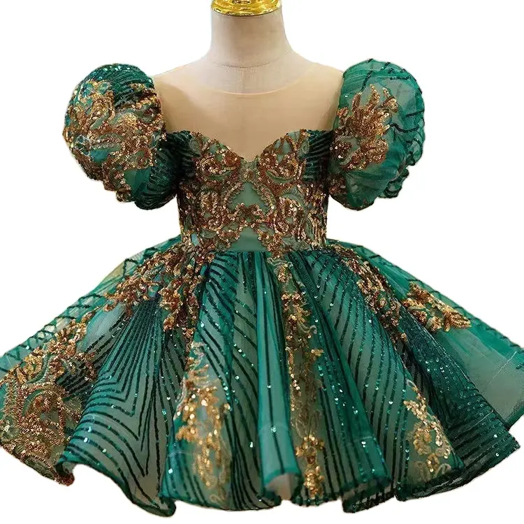 customization Puff Sleeve Tulle Sequined Green Flower Girls Dresses Princess Baby Girl Pageant Ball Gown Kids Clothes