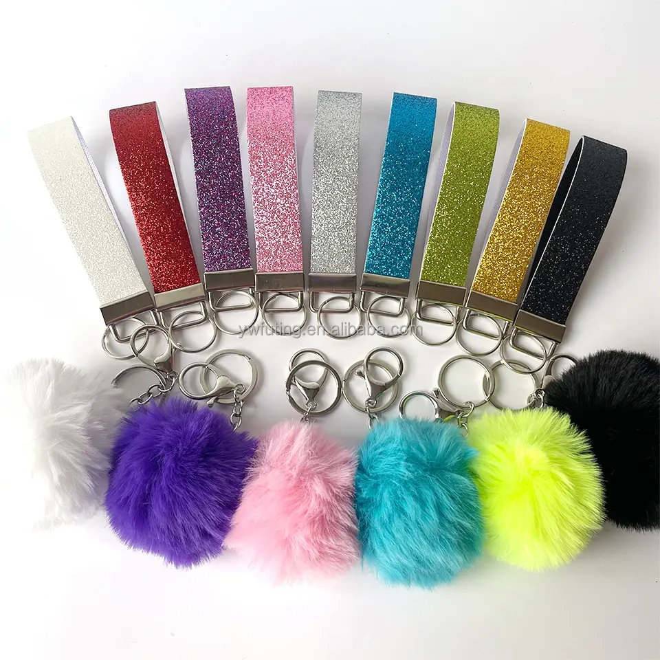 חדש אופנה במלאי הגנה עצמית מחזיקי מפתחות pompom keychain אבטחה מתנה בלינג גליטר עור wristlet Keychain