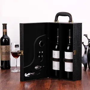 คลาสสิกสไตล์จระเข้หนังเดี่ยวคู่หกชิ้นกล่องไวน์ระดับไฮเอนด์ที่มีเปิดไวน์สามารถพิมพ์โลโก้กรณีไม้