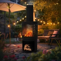 Brasero d'extérieur rond en acier 131x45cm avec cheminée haute, grille anti-étincelles, étagère de rangement pour bois et pioche, pour jardin et terrasse