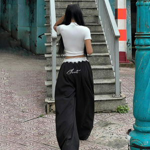 Pantalon large à taille basse de style ballet français, avec broderie de lettres, patchwork de dentelle, nœud, couleur contrastée, coupe ample, taille haute - Product Image 4