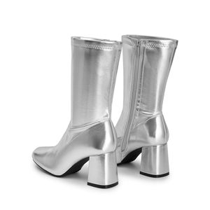 Botas Gogo para mujer, botas de media pantorrilla con punta cuadrada para mujer, botines al tobillo, botas de vestir de tacón grueso, piel sintética con cremallera - Product Image 4