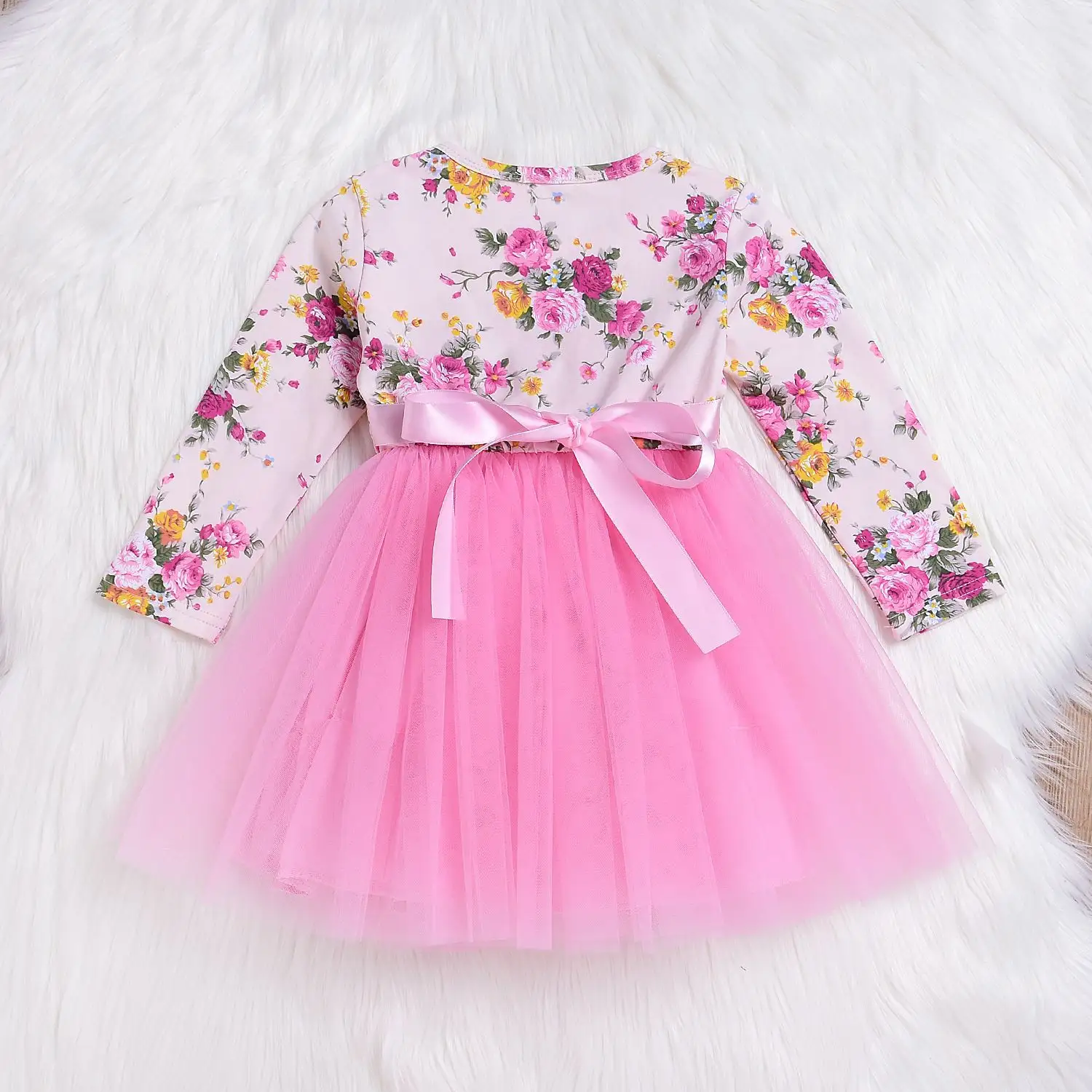 秋の女の赤ちゃんのドレス長袖ピンクの幼児のドレス1歳の誕生日パーティー幼児の女の子の服