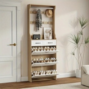 <span class=keywords><strong>Perchero</strong></span> de madera de ingeniería blanca moderna 2 en 1 árbol de salón delgado con y Zapatero de cajón abatible oculto para pasillo de entrada - Product Image 2