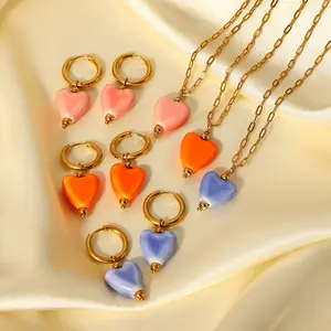 Cute Love Heart Ceramic Pendant Women's Jewelry Set Waterproof Stainless Steel Hoop Earrings Link Chain Necklace