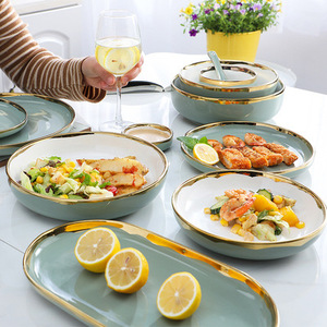 Service de vaisselle de luxe en porcelaine céramique vert clair avec bord doré de haute qualité pour la cuisine - Product Image 3