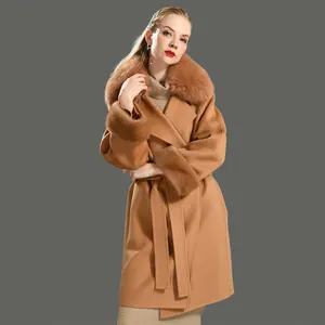Manteaux de laine pour femmes, en vrai vison, vraie fourrure de renard, ceinture, manteau élégant en cachemire, 2020