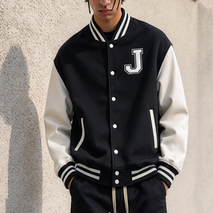Blouson universitaire de baseball pour homme, noir et blanc, manches contrastées, broderie J, dos à cinq étoiles, style décontracté universitaire streetwear, nouvelle collection 2025 - Product Image 3