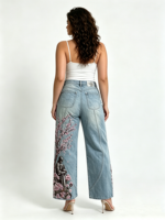 Jean unisexe ample en denim brodé floral, style Y2K, coupe longue, motif botanique, tissu épais