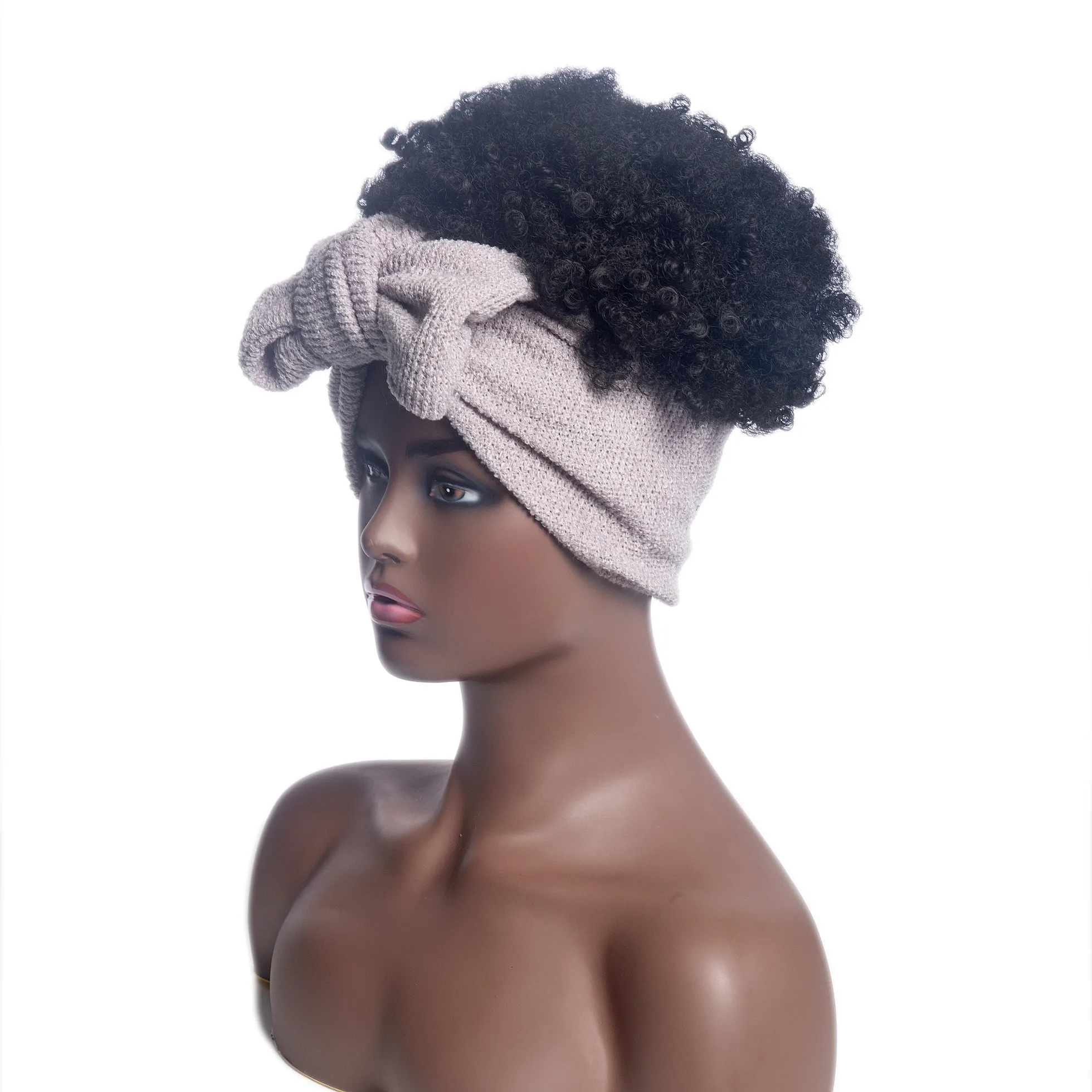 Aishili turban atacado cordão peruca curta Afro kinky curly peruca headband do cabelo para as mulheres negras