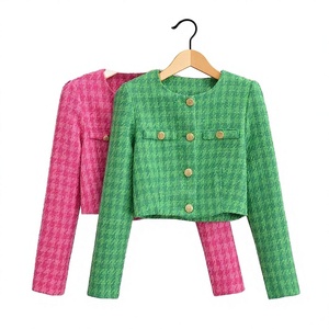 RNSHANGER Autumn Women Short Fashion Single Breasted Breathable Casual Metal <b>Buttons</b> Fitted Houndstooth Chic Slim Fit Green - Product Image 3