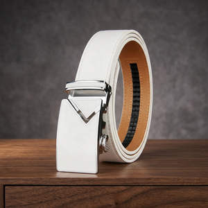 White Genuine Leather Automatic <b>Belt</b> with <b>Silver</b> Rectangular <b>Buckle</b> Formal Men's Style - Product Image 4