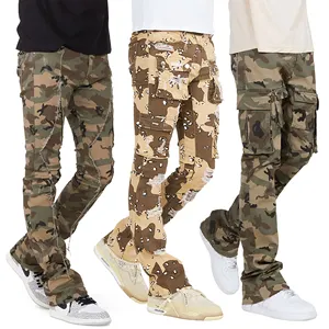 Gingtto Custom Painted Brown Camouflage Cargo Jeans Gestapelte Flare Jeans Herren